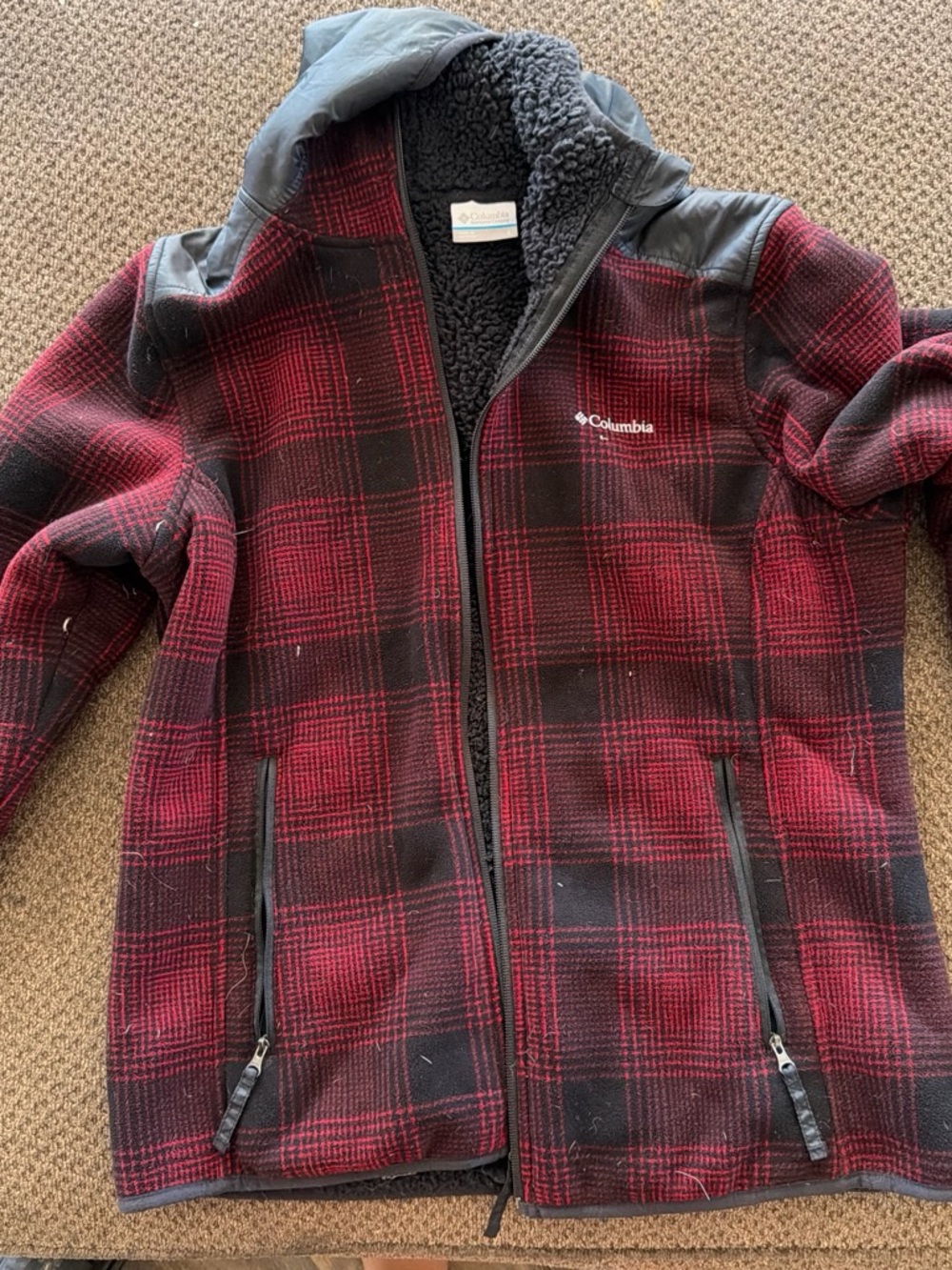 Columbia Red and Black Plaid Fleece Jacket with Hood